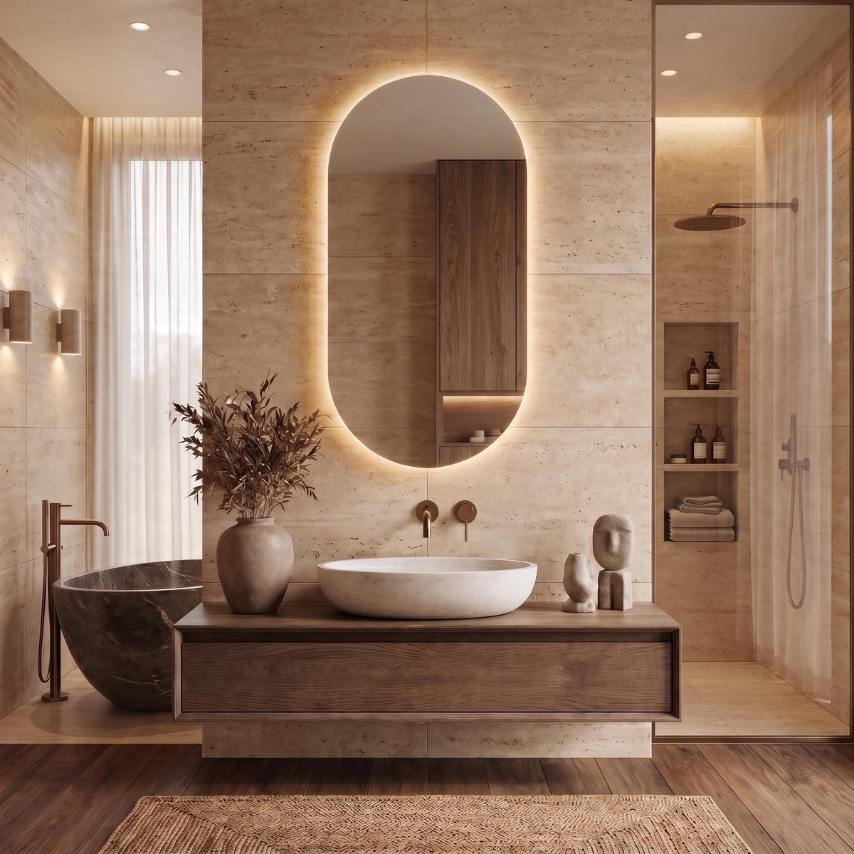 Modern Arch LED Bathroom Mirror, Backlit Oval Vanity Light, Minimalist Luxury Illuminated Wall Mirror