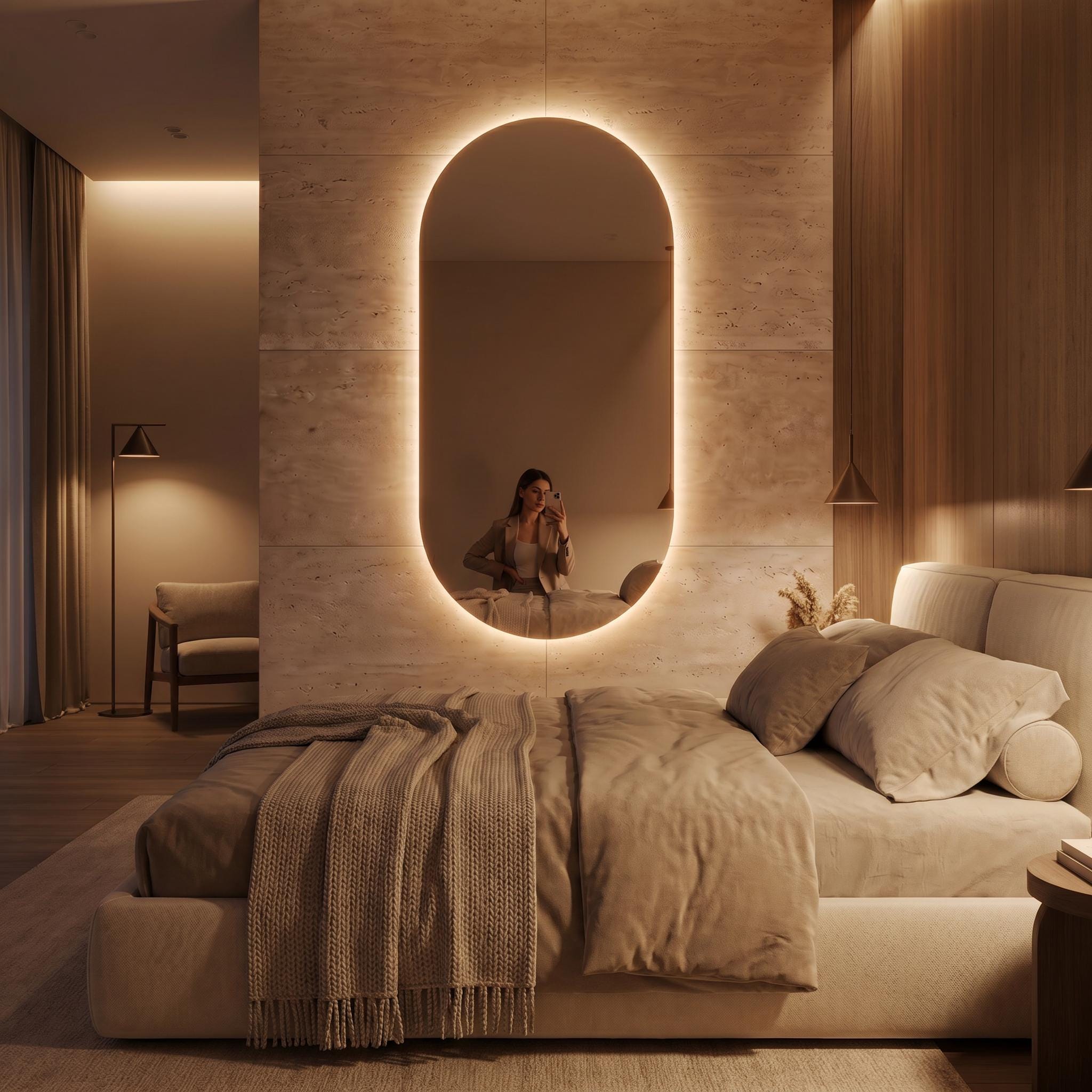 Modern Arch LED Bathroom Mirror, Backlit Oval Vanity Light, Minimalist Luxury Illuminated Wall Mirror