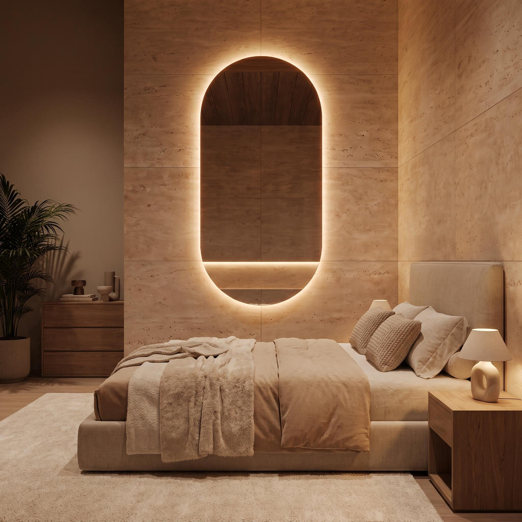 Modern Arch LED Bathroom Mirror, Backlit Oval Vanity Light, Minimalist Luxury Illuminated Wall Mirror