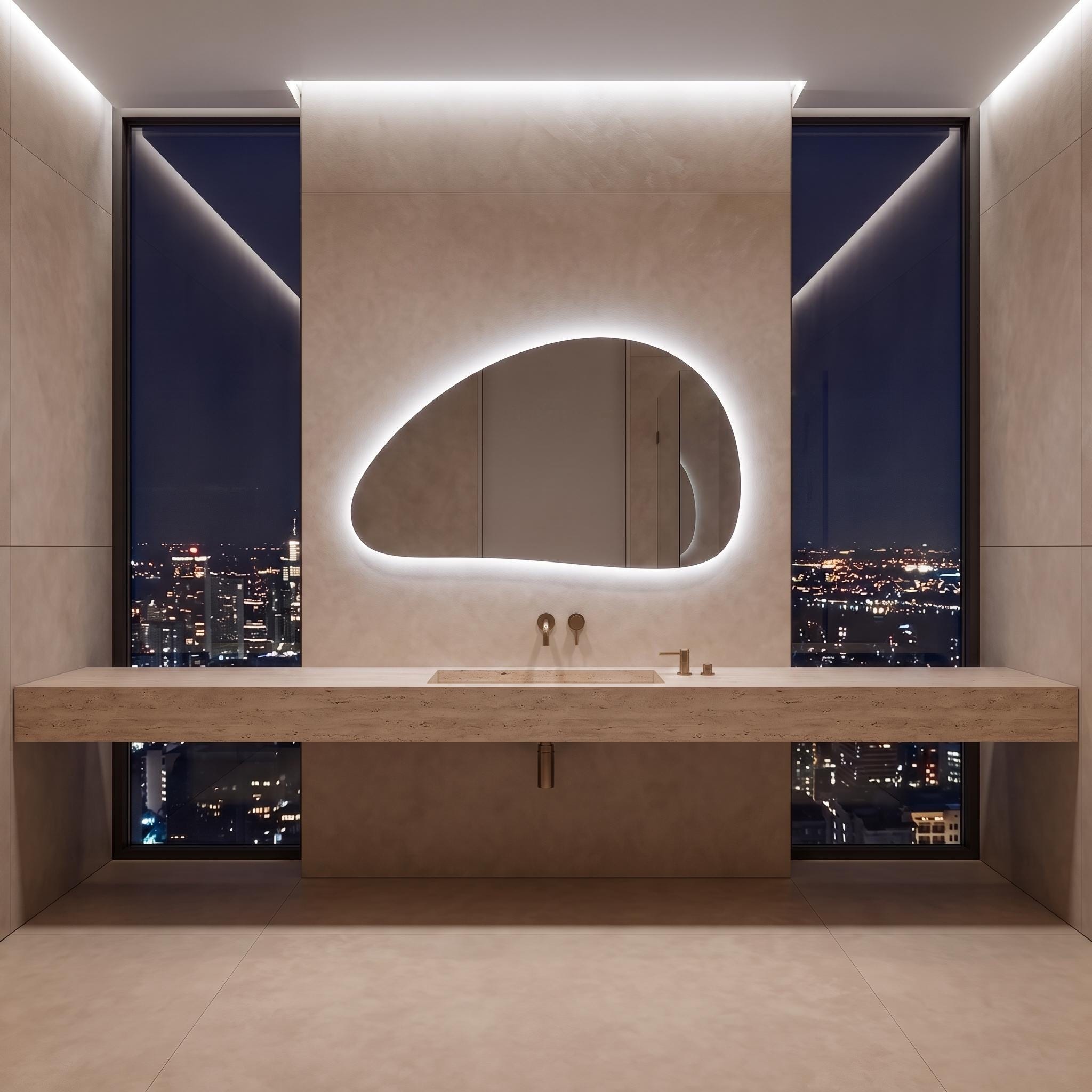 Organic Pebble LED Wall Mirror, Frameless Asymmetrical Vanity Decor Modern Bathroom Statement Accent Lighting