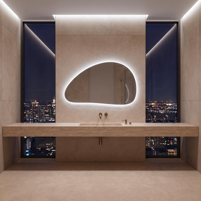 Organic Pebble LED Wall Mirror, Frameless Asymmetrical Vanity Decor Modern Bathroom Statement Accent Lighting