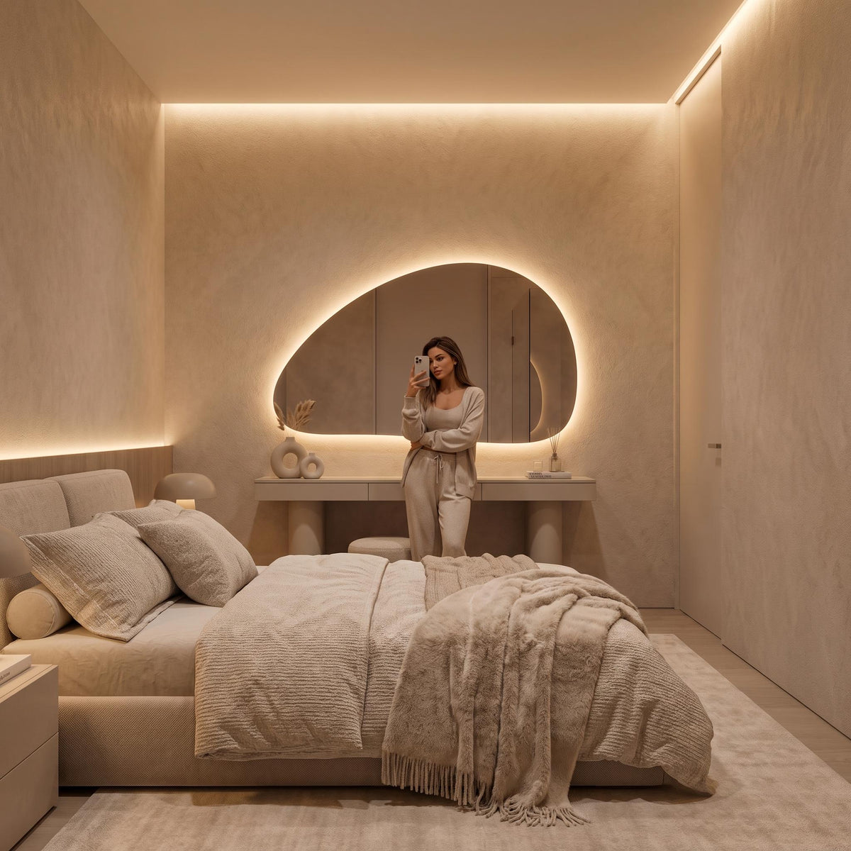 Organic Pebble LED Wall Mirror, Frameless Asymmetrical Vanity Decor Modern Bathroom Statement Accent Lighting