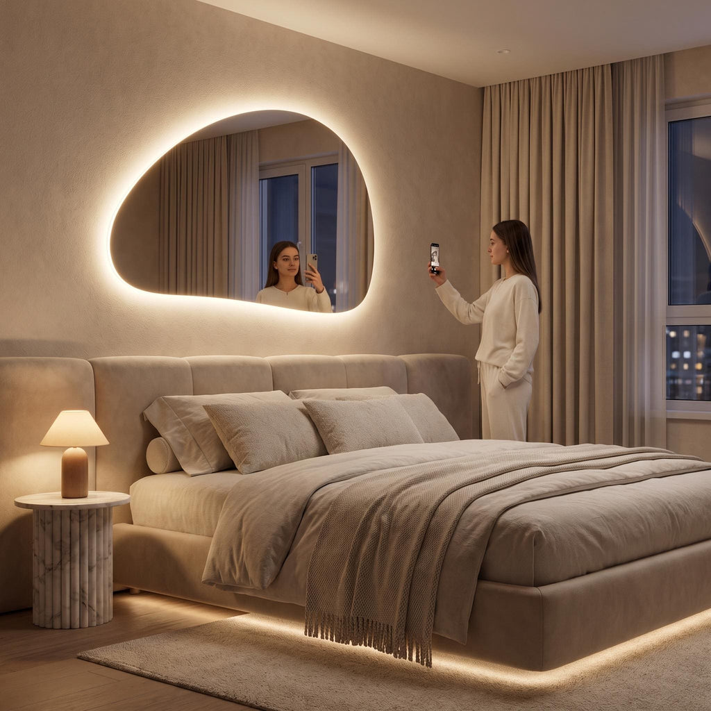 Organic Pebble LED Wall Mirror, Frameless Asymmetrical Vanity Decor Modern Bathroom Statement Accent Lighting