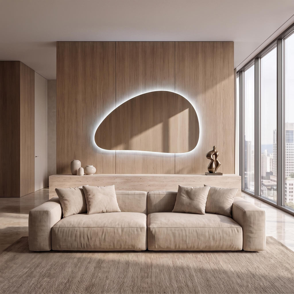 Organic Pebble LED Wall Mirror, Frameless Asymmetrical Vanity Decor Modern Bathroom Statement Accent Lighting