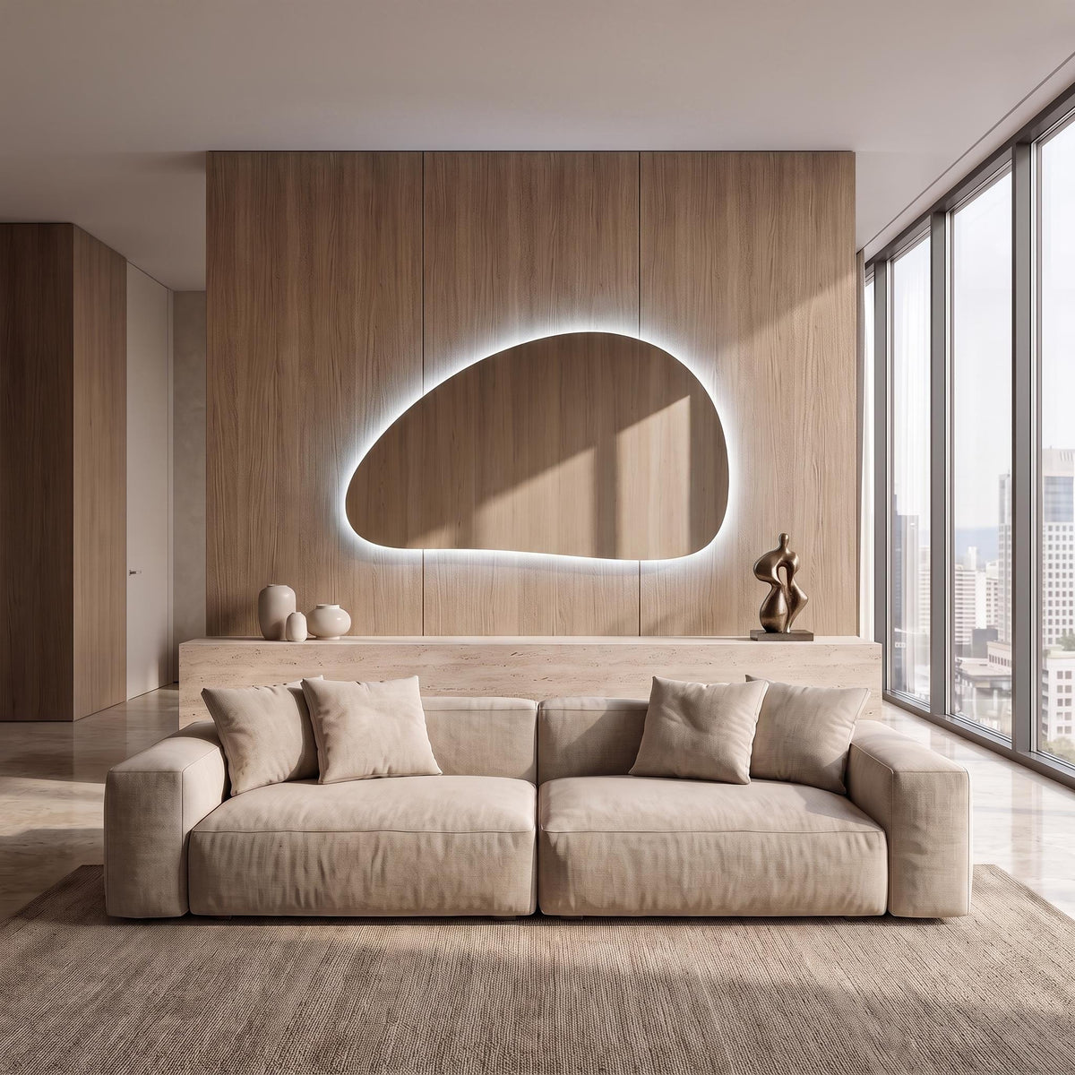 Organic Pebble LED Wall Mirror, Frameless Asymmetrical Vanity Decor Modern Bathroom Statement Accent Lighting