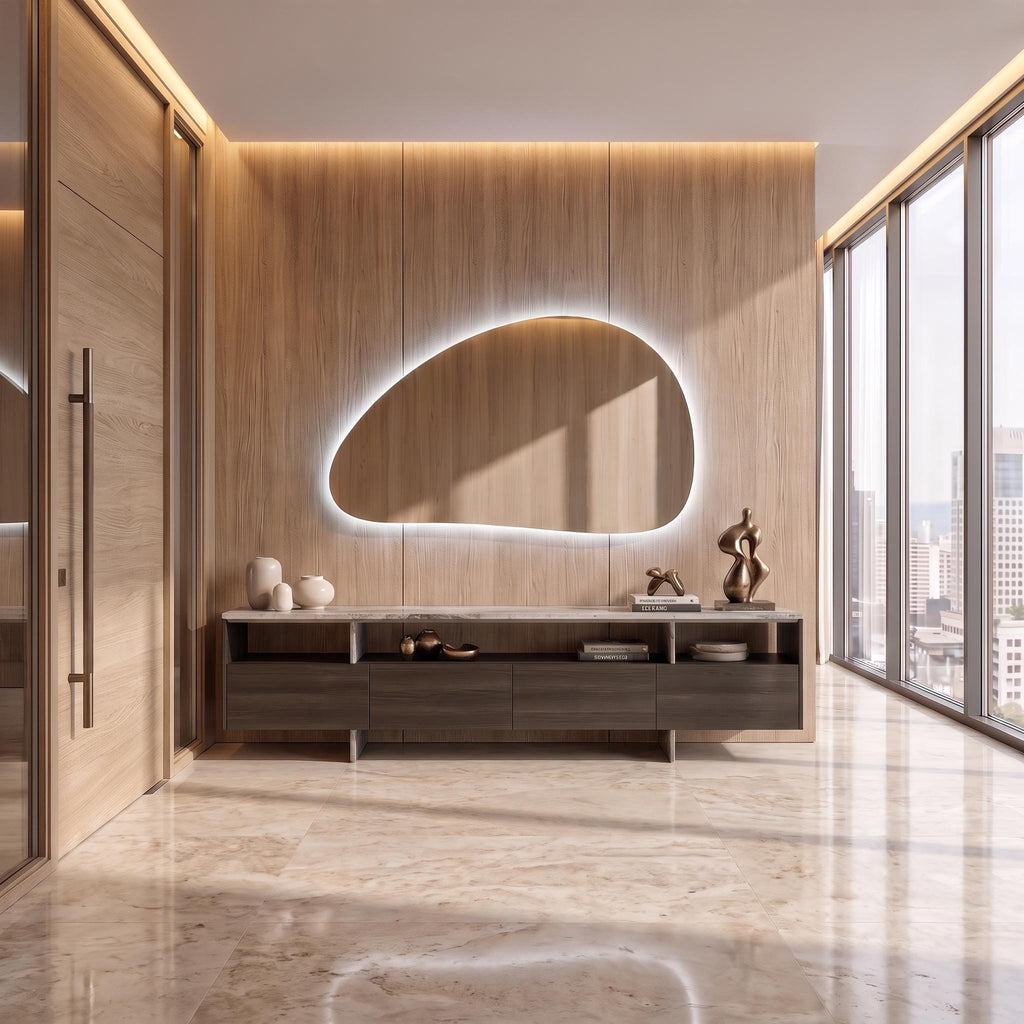 Organic Pebble LED Wall Mirror, Frameless Asymmetrical Vanity Decor Modern Bathroom Statement Accent Lighting