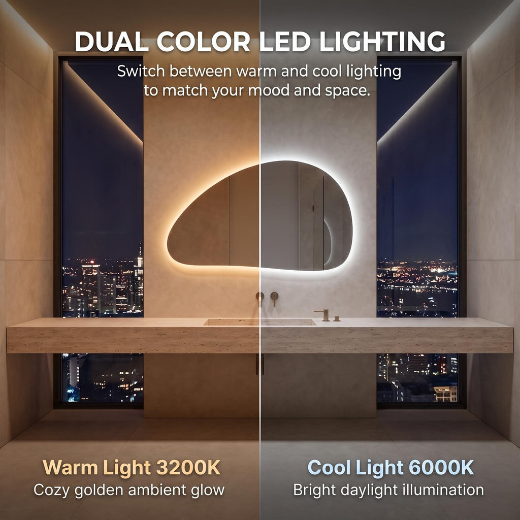 Organic Pebble LED Wall Mirror, Frameless Asymmetrical Vanity Decor Modern Bathroom Statement Accent Lighting