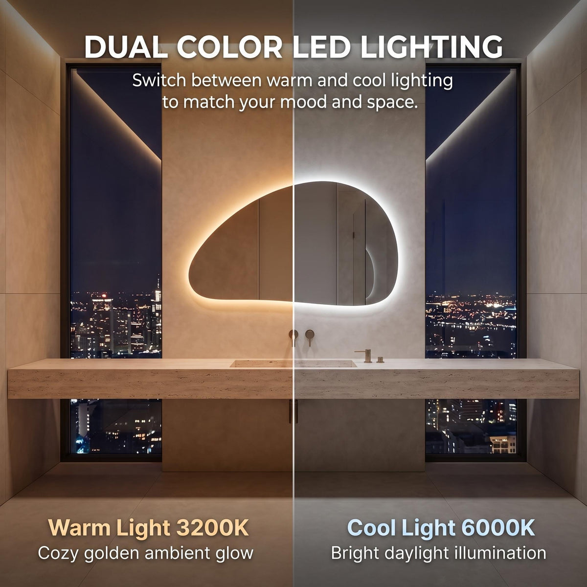 Organic Pebble LED Wall Mirror, Frameless Asymmetrical Vanity Decor Modern Bathroom Statement Accent Lighting