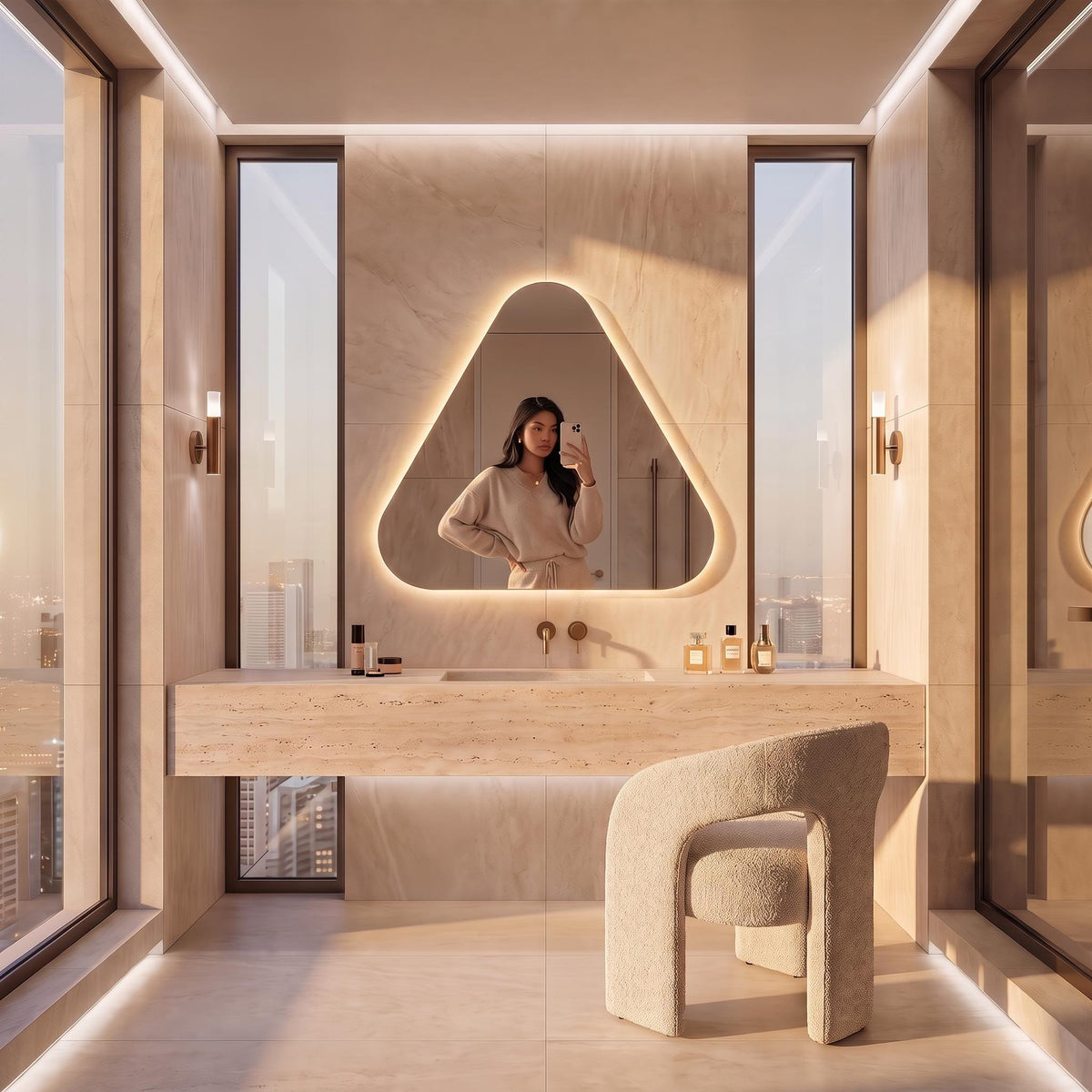 Backlit Asymmetrical Bathroom Mirror, Organic LED Vanity Mirror, Frameless Accent Home Decor