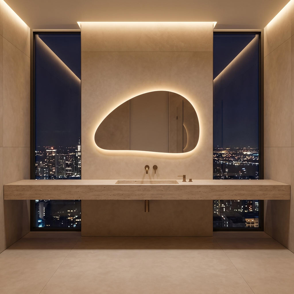 Organic Pebble LED Wall Mirror, Frameless Asymmetrical Vanity Decor Modern Bathroom Statement Accent Lighting