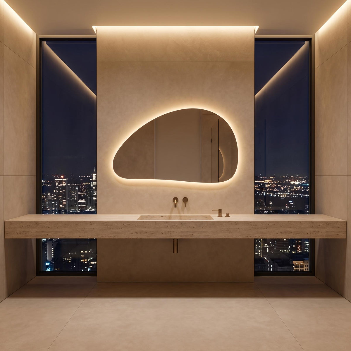 Organic Pebble LED Wall Mirror, Frameless Asymmetrical Vanity Decor Modern Bathroom Statement Accent Lighting