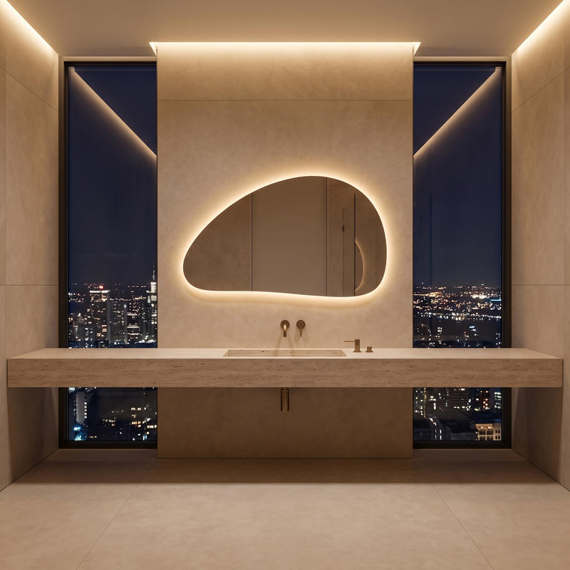Organic Pebble LED Wall Mirror, Frameless Asymmetrical Vanity Decor Modern Bathroom Statement Accent Lighting
