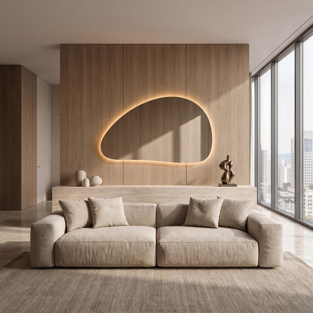 Organic Pebble LED Wall Mirror, Frameless Asymmetrical Vanity Decor Modern Bathroom Statement Accent Lighting