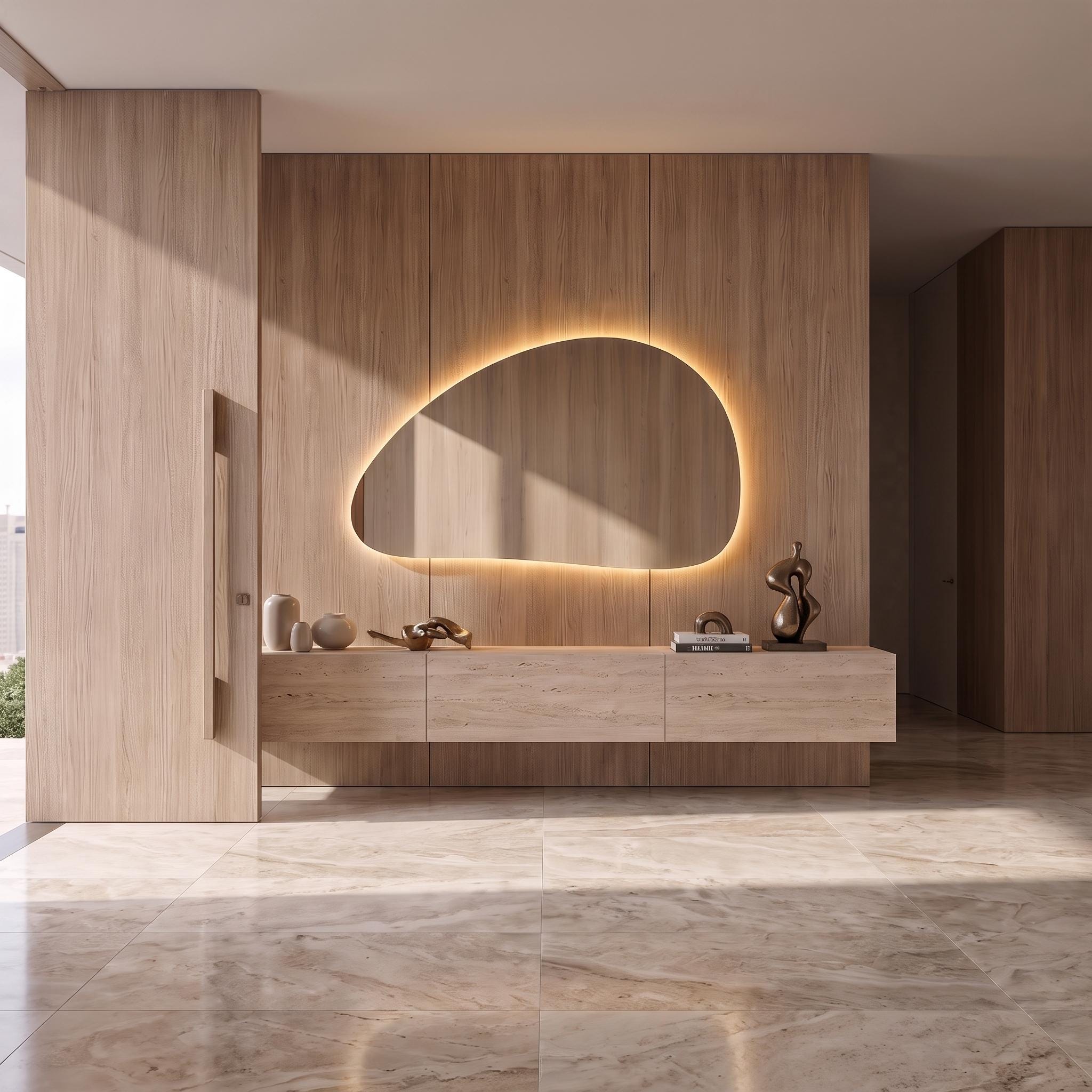 Organic Pebble LED Wall Mirror, Frameless Asymmetrical Vanity Decor Modern Bathroom Statement Accent Lighting