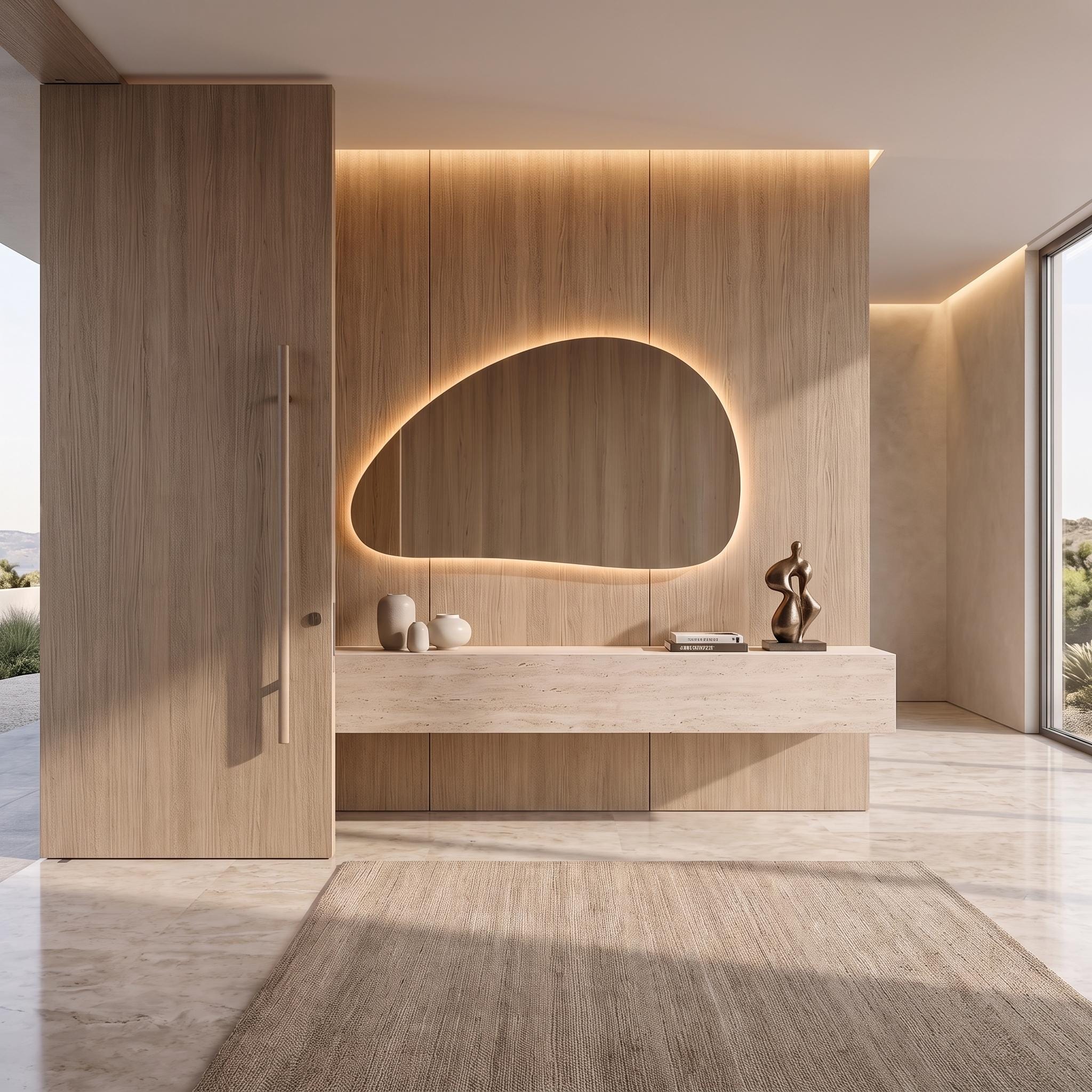 Organic Pebble LED Wall Mirror, Frameless Asymmetrical Vanity Decor Modern Bathroom Statement Accent Lighting