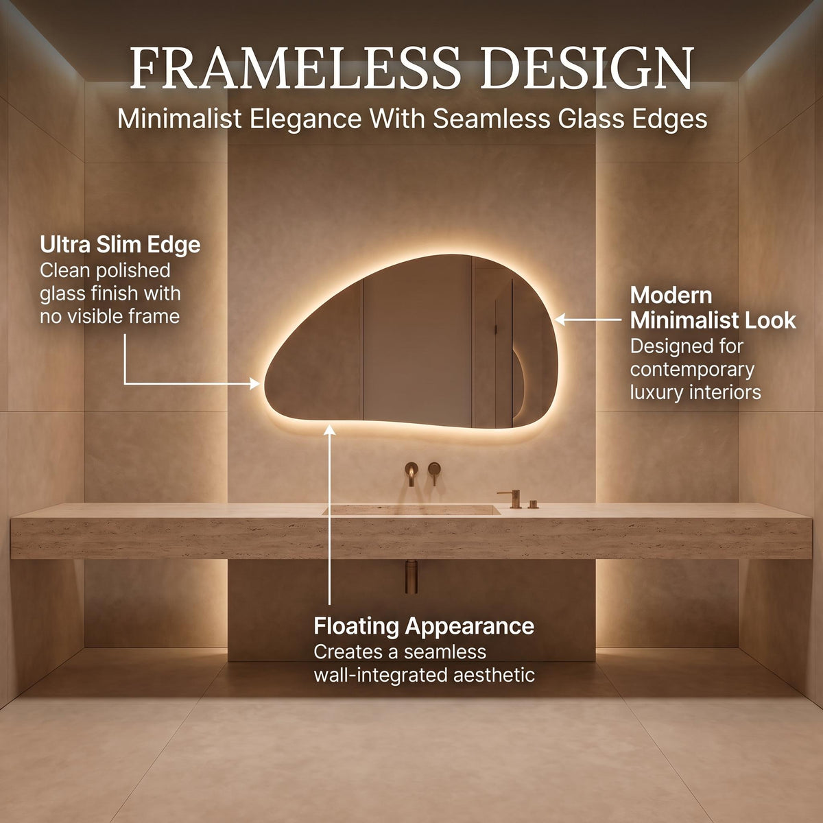 Organic Pebble LED Wall Mirror, Frameless Asymmetrical Vanity Decor Modern Bathroom Statement Accent Lighting