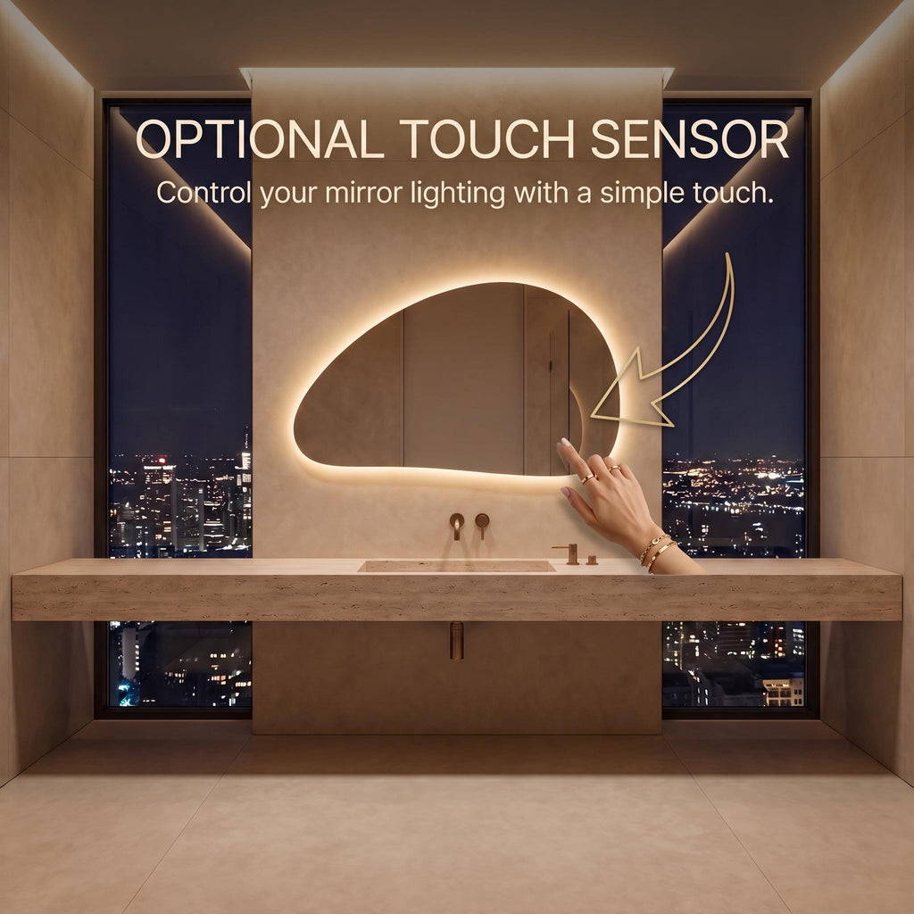 Organic Pebble LED Wall Mirror, Frameless Asymmetrical Vanity Decor Modern Bathroom Statement Accent Lighting