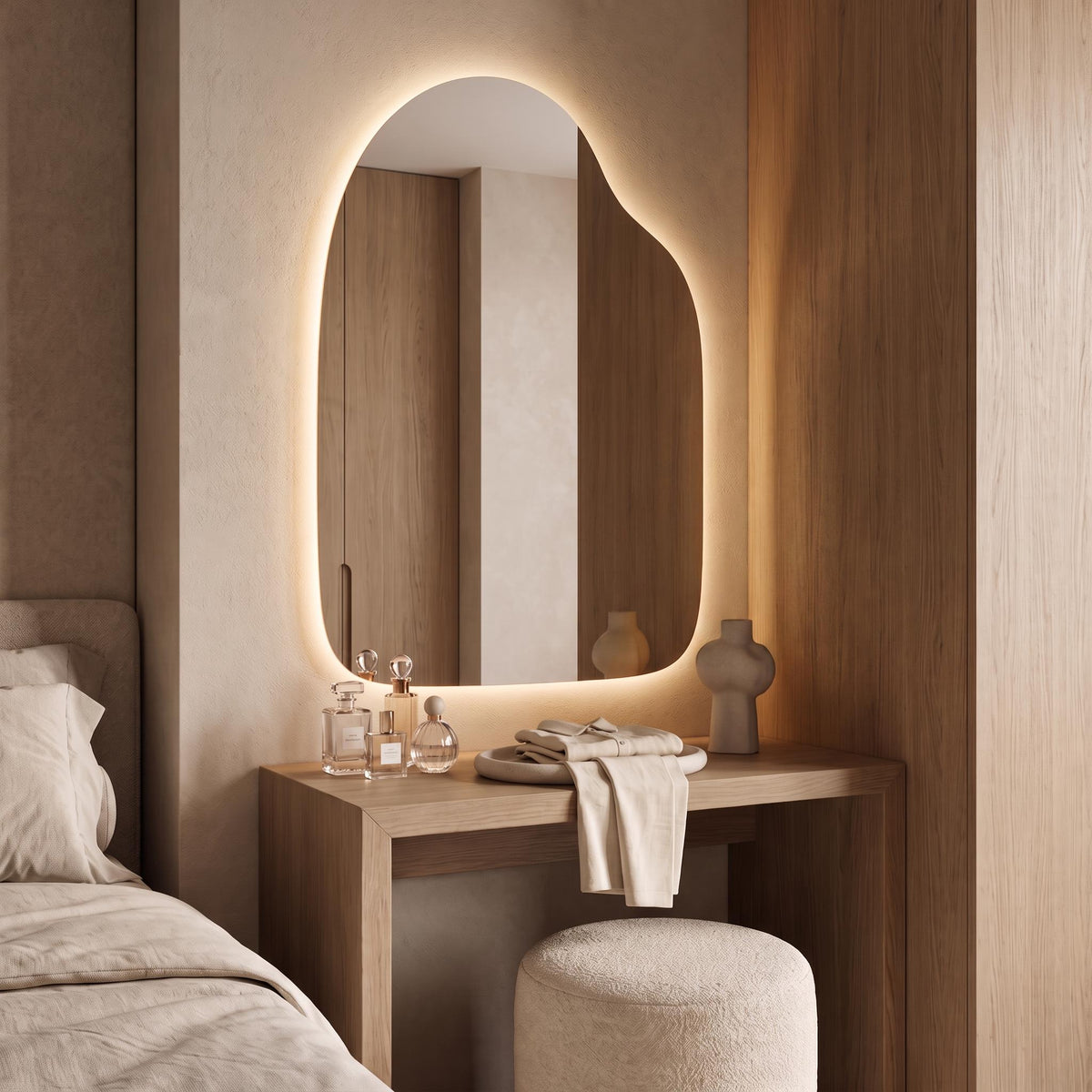 Organic LED Wall Mirror, Irregular Backlit Mirror, Asymmetrical Modern Vanity Mirror, Minimalist Living Room and Bathroom Decor Style