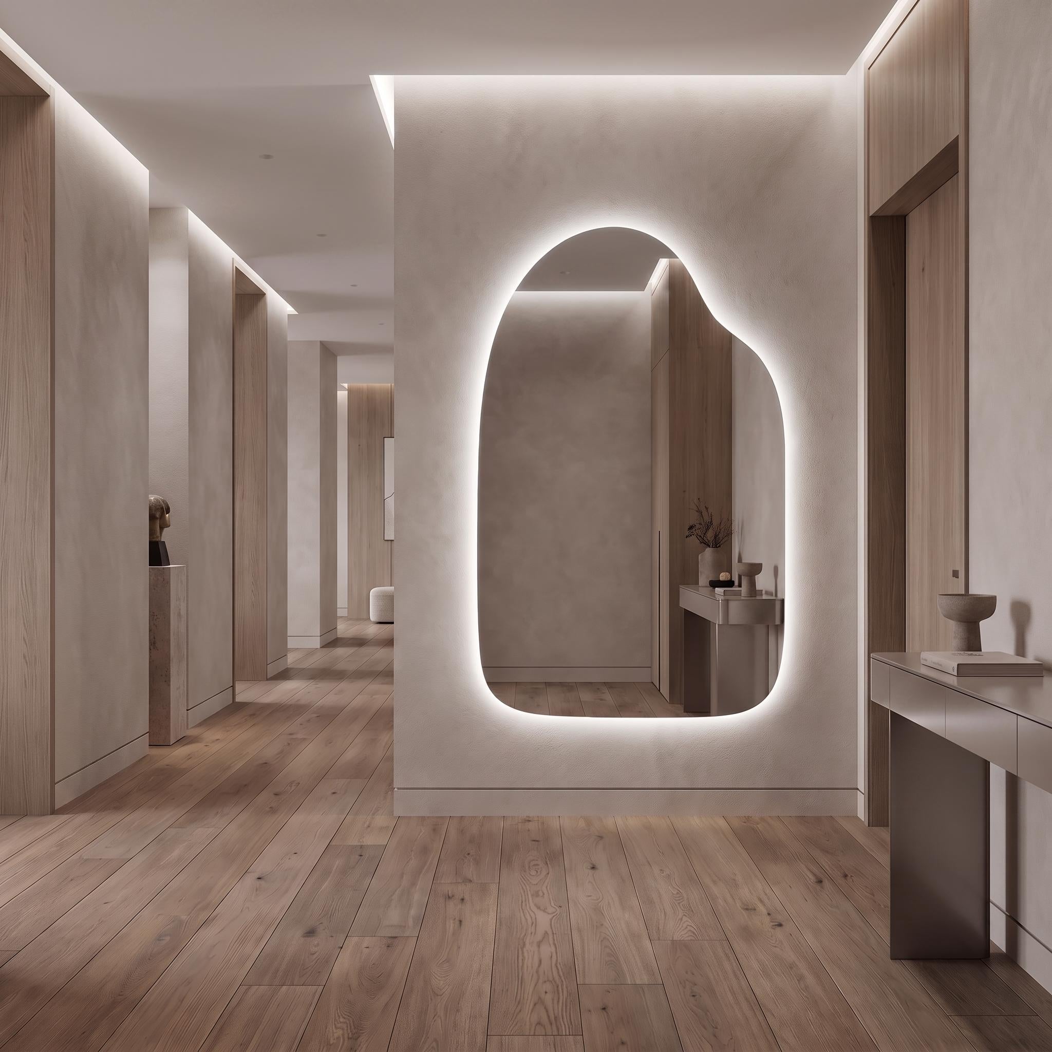 Organic LED Wall Mirror, Irregular Backlit Mirror, Asymmetrical Modern Vanity Mirror, Minimalist Living Room and Bathroom Decor Style