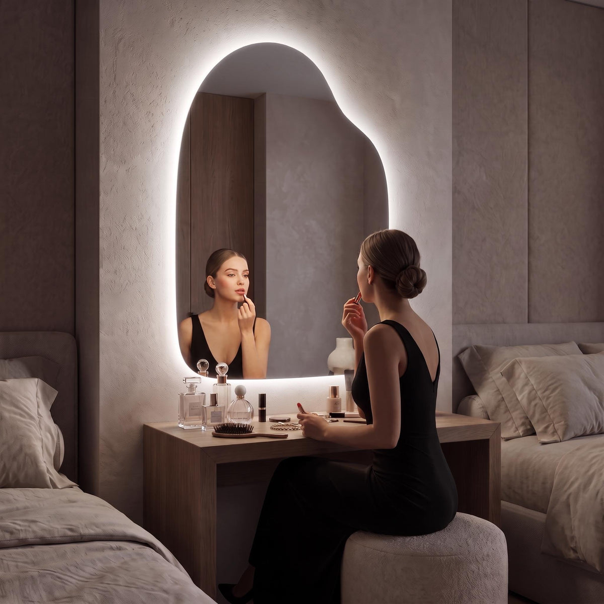 Organic LED Wall Mirror, Irregular Backlit Mirror, Asymmetrical Modern Vanity Mirror, Minimalist Living Room and Bathroom Decor Style
