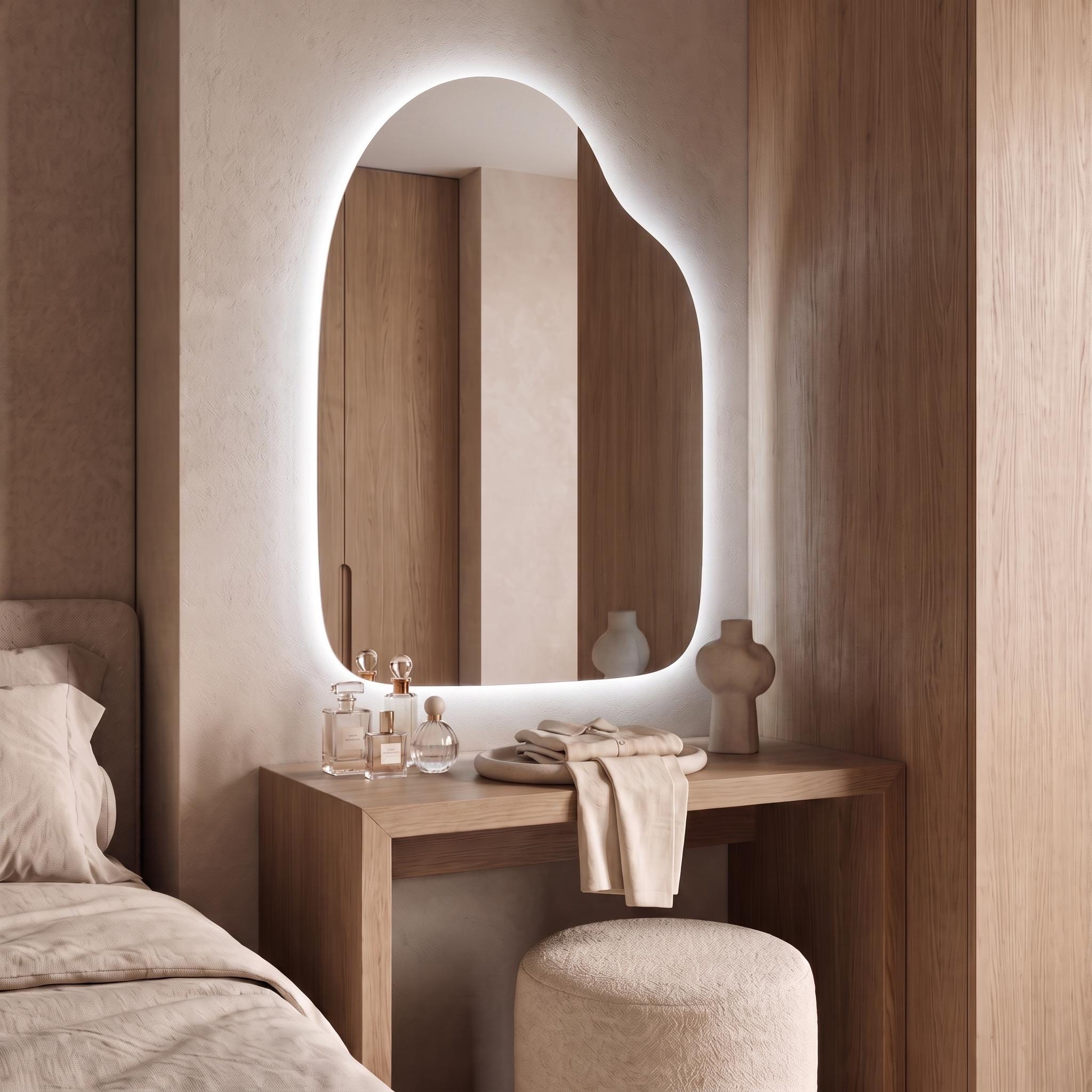 Organic LED Wall Mirror, Irregular Backlit Mirror, Asymmetrical Modern Vanity Mirror, Minimalist Living Room and Bathroom Decor Style