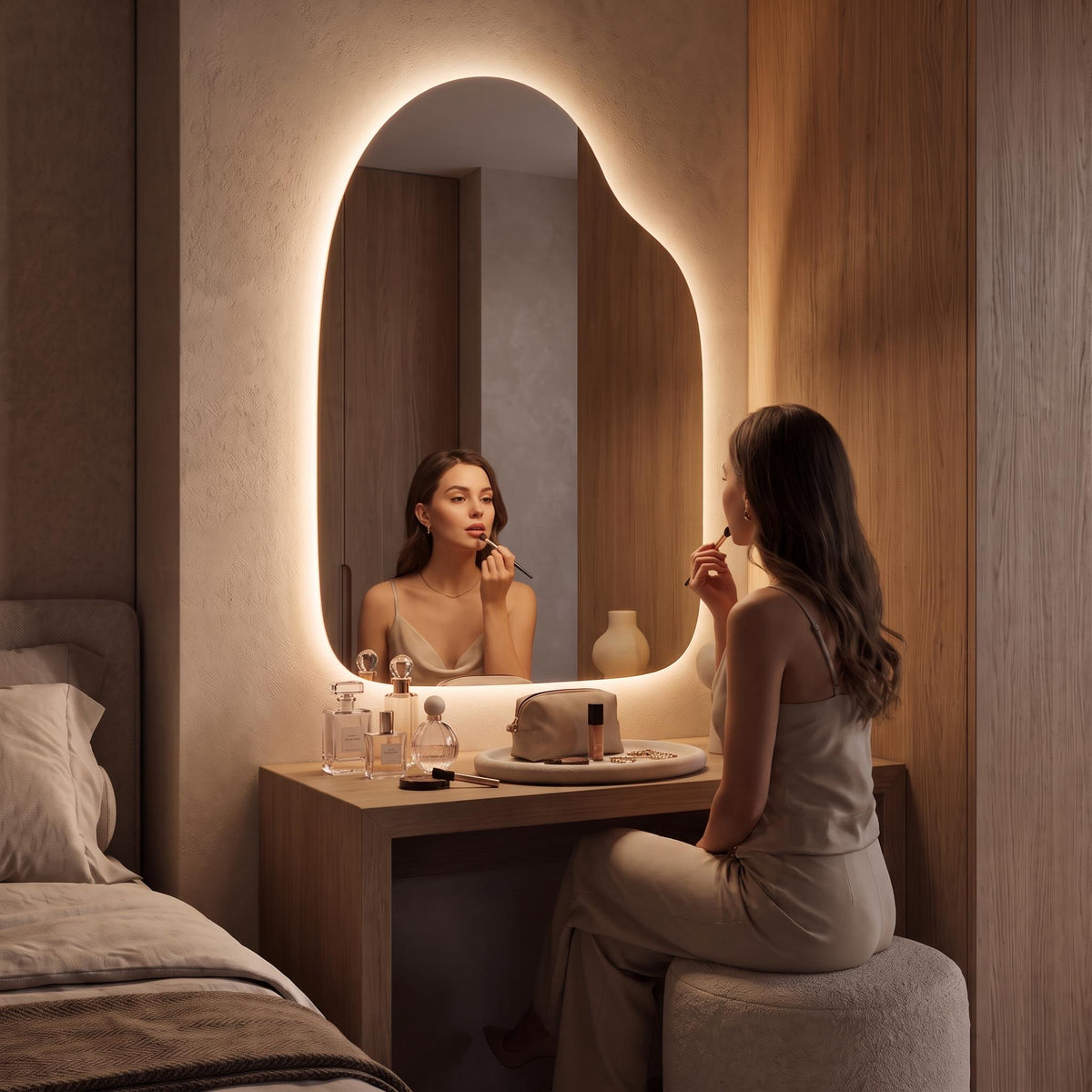 Organic LED Wall Mirror, Irregular Backlit Mirror, Asymmetrical Modern Vanity Mirror, Minimalist Living Room and Bathroom Decor Style