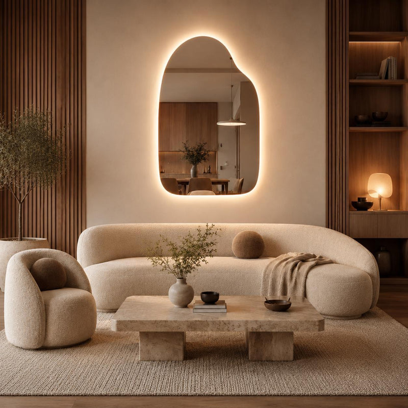 Organic LED Wall Mirror, Irregular Backlit Mirror, Asymmetrical Modern Vanity Mirror, Minimalist Living Room and Bathroom Decor Style